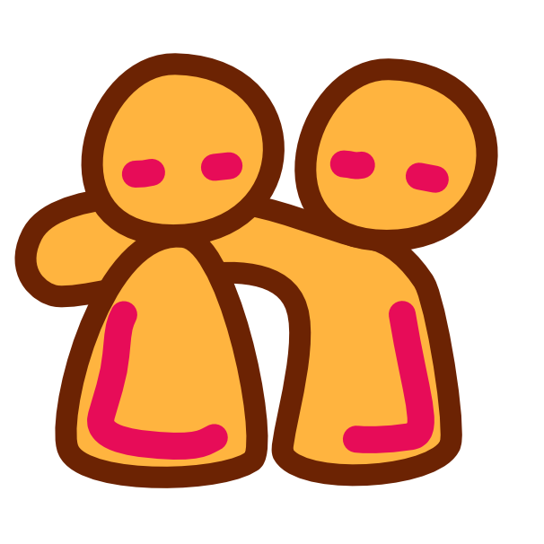 Two yellow figures side by side one with an arm around the other